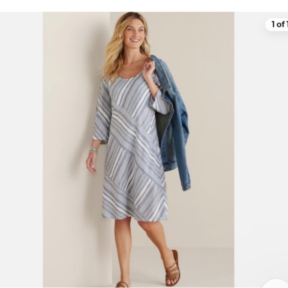 Soft Surroundings Sonya Linen Blend Striped Blue White 3/4 Sleeve Dress PL